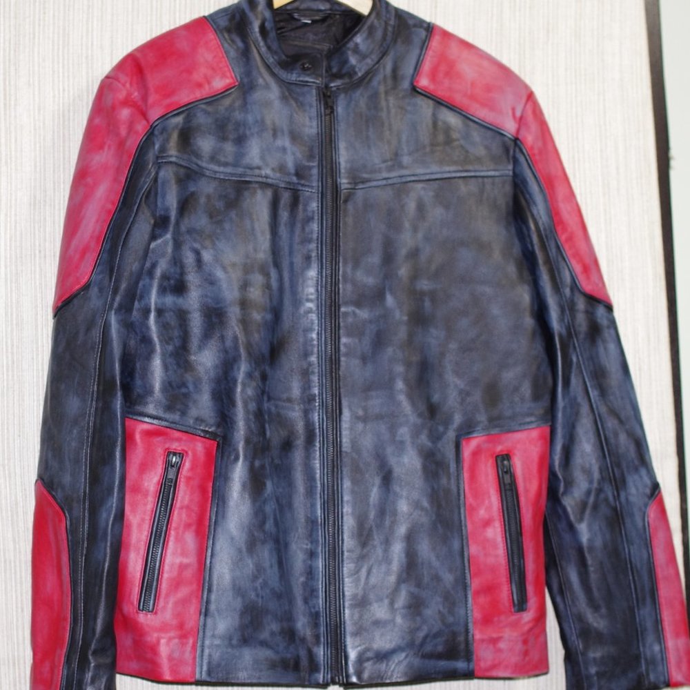 J4 Jacket Leather Black Red moto Biker Jacket Men's Size:L